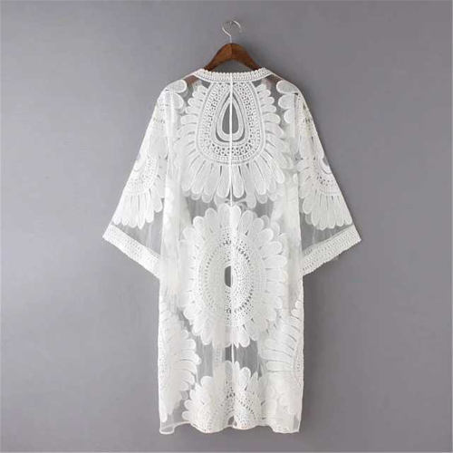 Beige Sunflower Rash Guard Shirt Embroidered Cardigan Lace Blouse PQDX668B
