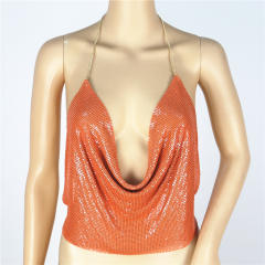 Golden Sexy Tube Top Metallic Sequin Camisole Necklace Halter Tops PQ60391A