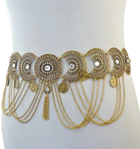 Fashion Hollow Crystal Chain Tassel Geometric Retro Coin Waist Chain PQN6340A