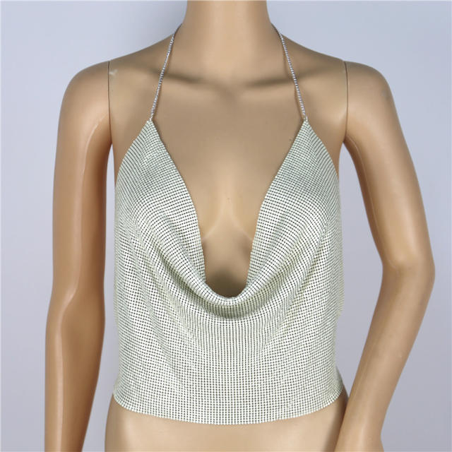 Golden Sexy Tube Top Metallic Sequin Camisole Necklace Halter Tops PQ60391A