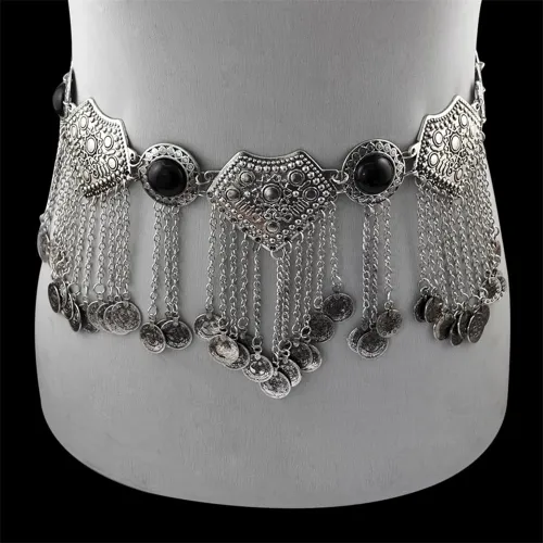 Vintage Black Jewelry Metal Coin Belly Chain Tassel Long Waist Chain PQN5859B