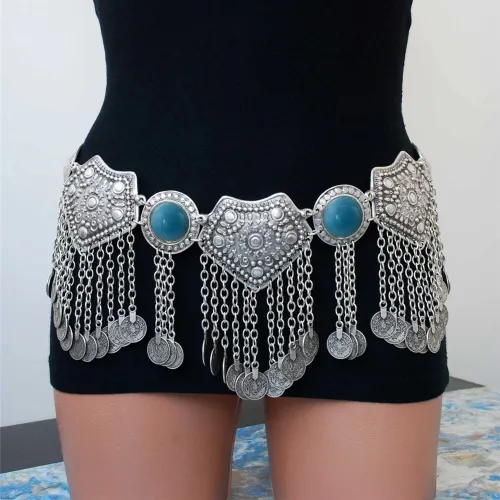 Vintage Blue Jewelry Metal Coin Belly Chain Tassel Long Waist Chain PQN5859A