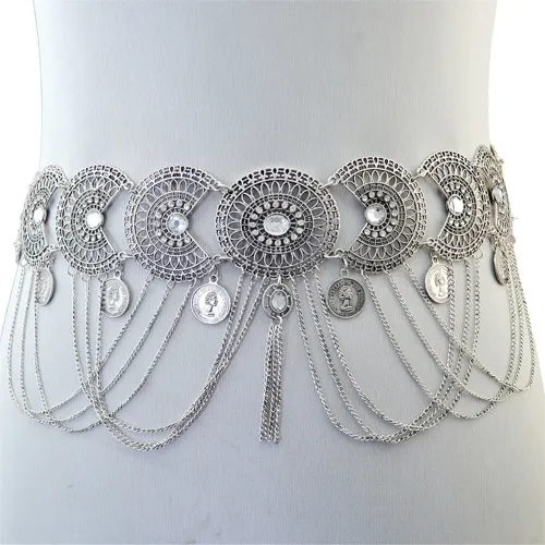 Silver Fashion Hollow Crystal Chain Tassel Geometric Retro Coin Waist Chain PQN6340B