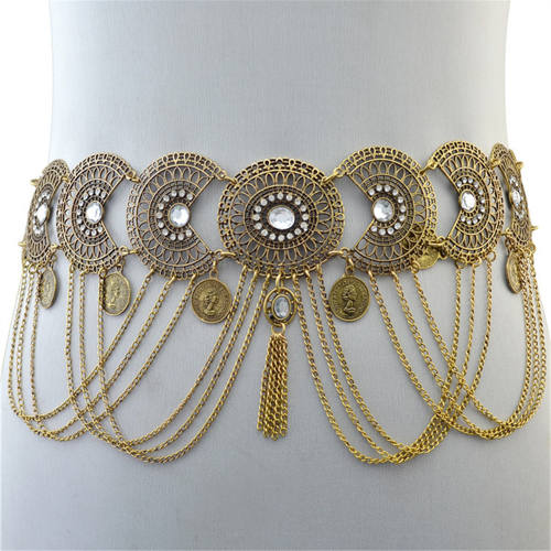 Fashion Hollow Crystal Chain Tassel Geometric Retro Coin Waist Chain PQN6340A