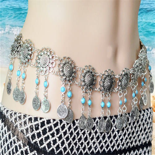 Fashion Retro Style Sun Flower Hollow Long Waist Chain Belly Dance Chain PQN6267