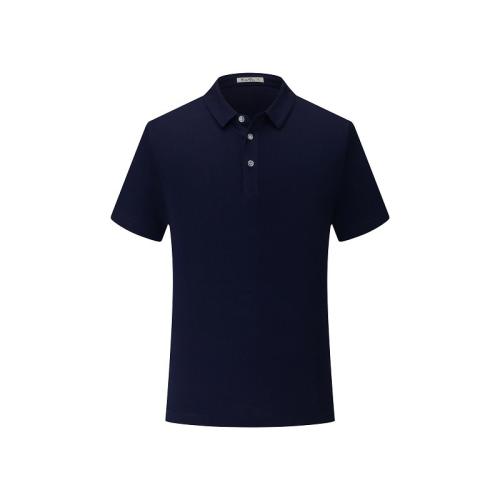 Dark Blue Summer Combed Cotton Tops Plain Weave Lapel Work Shirts POLO shirt PQ1838C