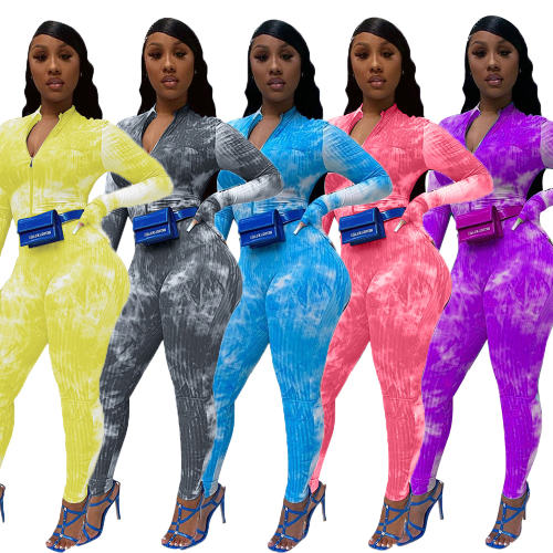 Yellow Tie-dye Printed Tracksuit For Women Slim Casual Sports Jumpsuit PQCM774A