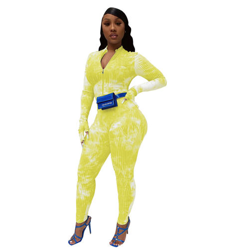 Yellow Tie-dye Printed Tracksuit For Women Slim Casual Sports Jumpsuit PQCM774A