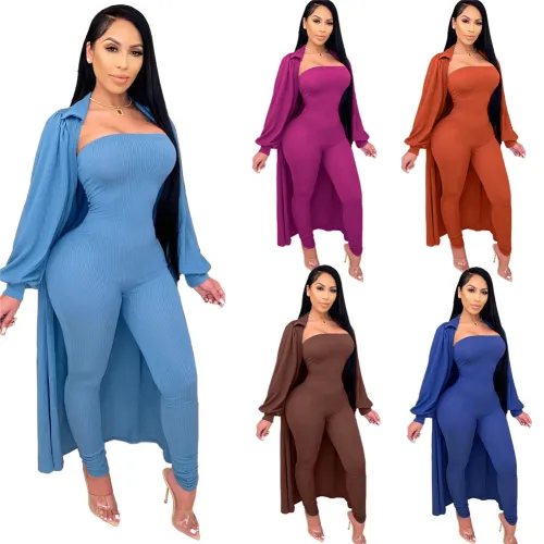 Autumn Sexy Jumpsuit Ribbed Pit Striped Cloak Winter Two-piece Suit PQ3310A