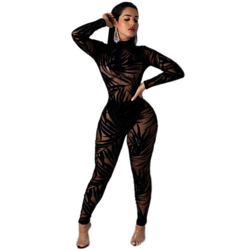 Long Sleeve One-piece Suit Bamboo Leaf Mesh Jumpsuit PQ3246