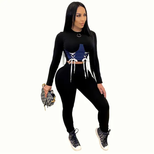 Sexy Slim Streetwear For Women Solid Color Lace-up Two Piece Set PQ4321A
