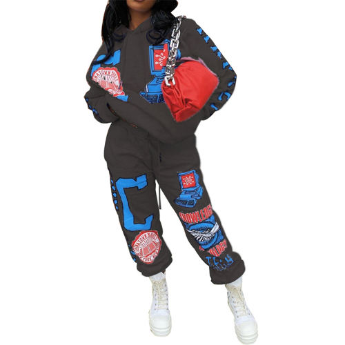 Autumn Cartoon Printed Sports Hoodies Suit Women Winter Two Piece Suit PQ6116A