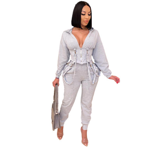 Sexy Slim Two Piece Set Solid Color Lace-up Jogger Casual Suit PQ6118A