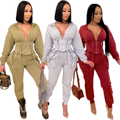 Sexy Slim Two Piece Set Solid Color Lace-up Jogger Casual Suit PQ6118A