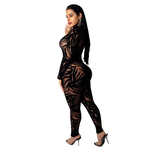 Long Sleeve One-piece Suit Bamboo Leaf Mesh Jumpsuit PQ3246