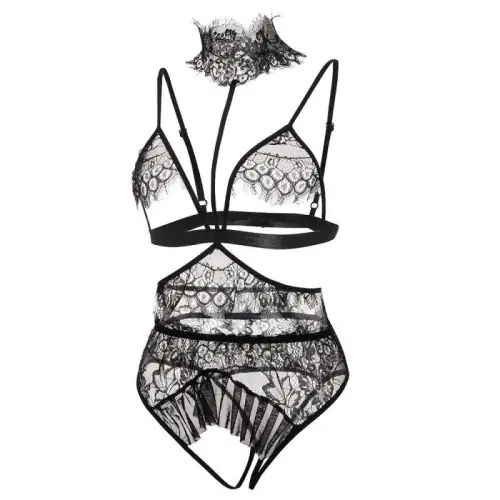Black Eyelash Lace Bra with Panties Sexy Women Underwear PQZT272