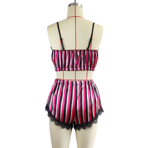 Sexy Satin Lounge Wear Striped Print Shorts Lace Trim Lingerie PQZT331