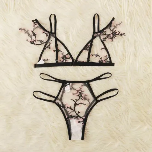 Women Floral Lingerie Sexy White Mesh Bra Set With Panties PQZT271B