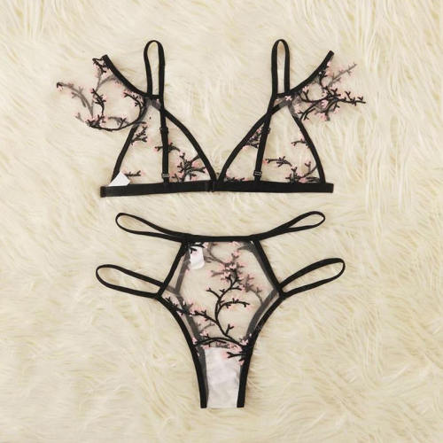 Women Floral Lingerie Sexy White Mesh Bra Set With Panties PQZT271B