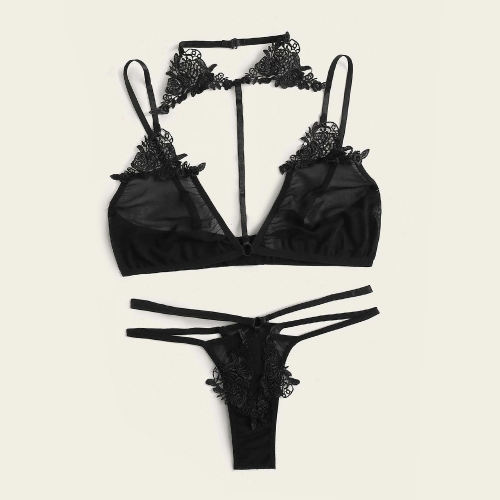 Sexy Halter Bikini Set for Women Black Mesh Bra with Panties PQZT290
