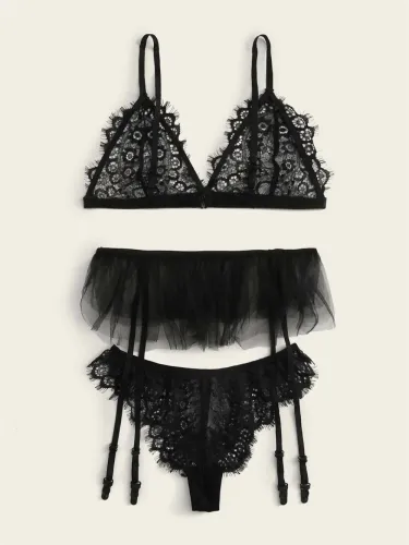 Women Eyelash Lace Lingerie Sexy Night Club Wear Bikini Bra Set PQZT327A