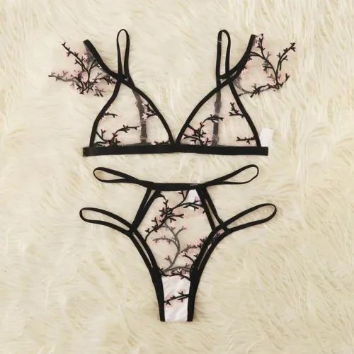 Women Floral Lingerie Sexy White Mesh Bra Set With Panties PQZT271B