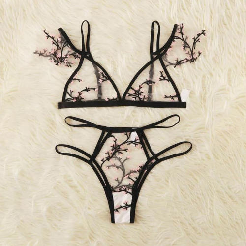 Women Floral Lingerie Sexy White Mesh Bra Set With Panties PQZT271B