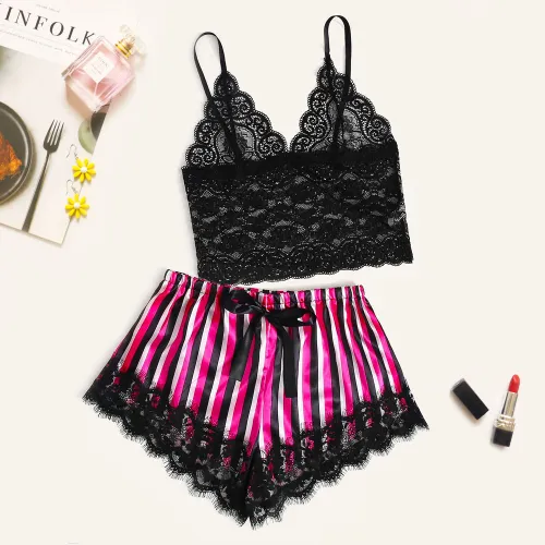 Black Lace Tops with Satin Shorts Women Loungewear Female Home Wear PQZT330