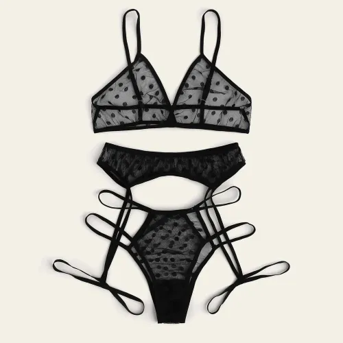 Black Polka Dot Bra Set For Women Bikini Lingerie With Garter PQZT315