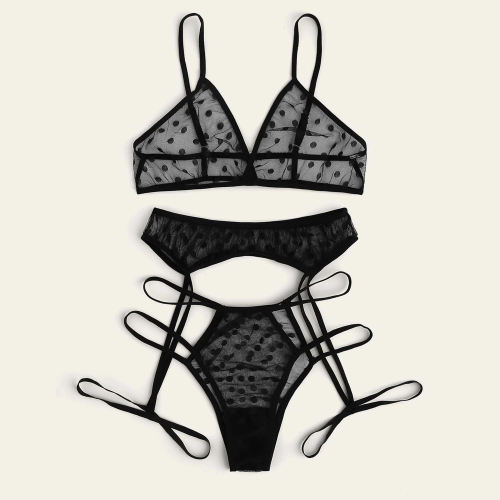 Black Polka Dot Bra Set For Women Bikini Lingerie With Garter PQZT315