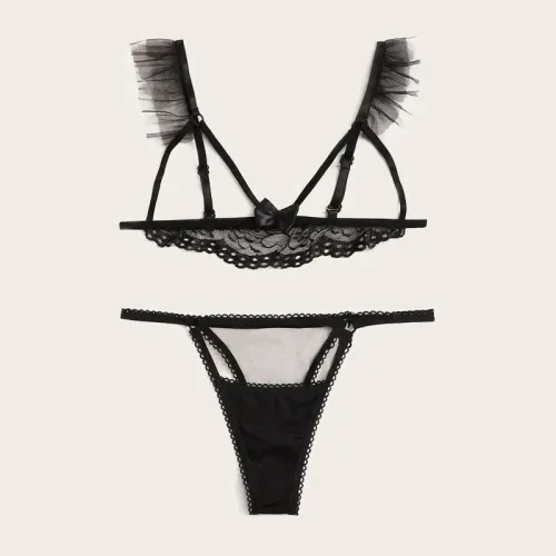 Black Eyelash Lace Lingerie Set Women Open Cup Bra Set PQZT328