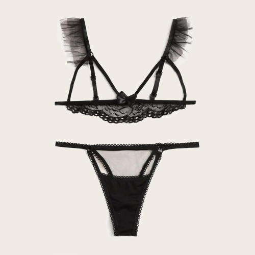 Black Eyelash Lace Lingerie Set Women Open Cup Bra Set PQZT328
