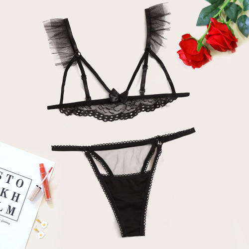 Black Eyelash Lace Lingerie Set Women Open Cup Bra Set PQZT328
