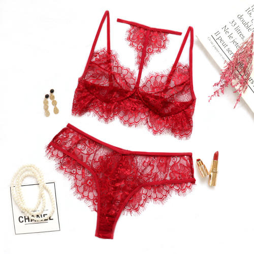 Sexy Eyelash Lace Halter Bra Set Women Underwear Panties PQZT031