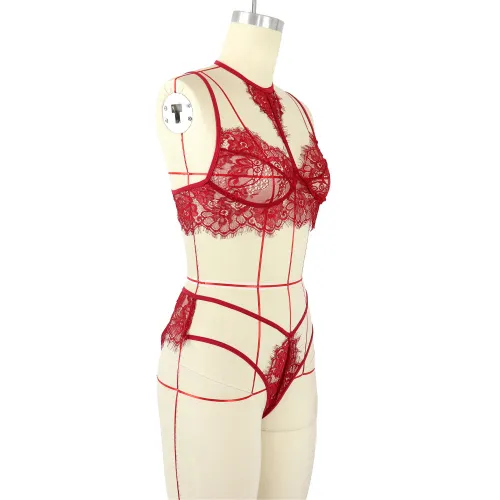 Sexy Eyelash Lace Halter Bra Set Women Underwear Panties PQZT031