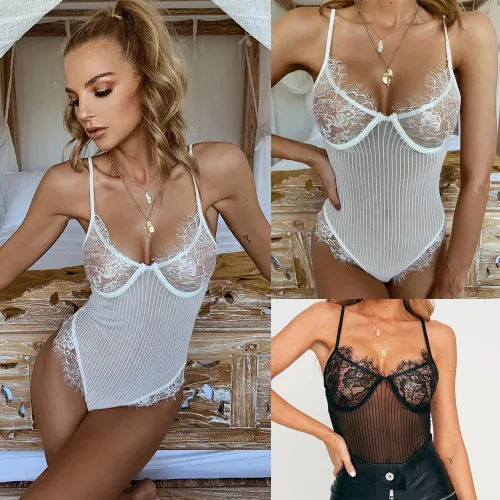 Lace Bodysuit Deep V-neck Mesh Teddies Lingerie for Women PQBS611B