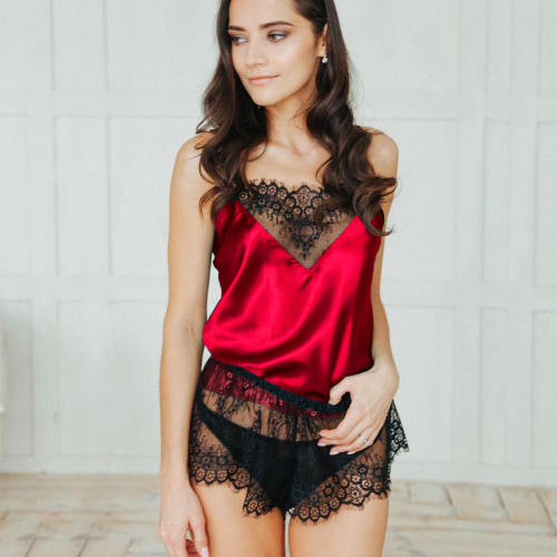 Lady Satin Camisole With Lace Shorts Women Lounge Wear PQBS609
