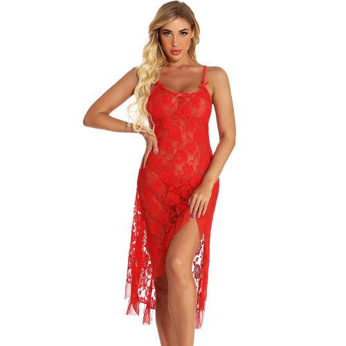 Red Lace Long Night Dress Gown for Women High Split Sexy Lingerie Set PQYM7112B