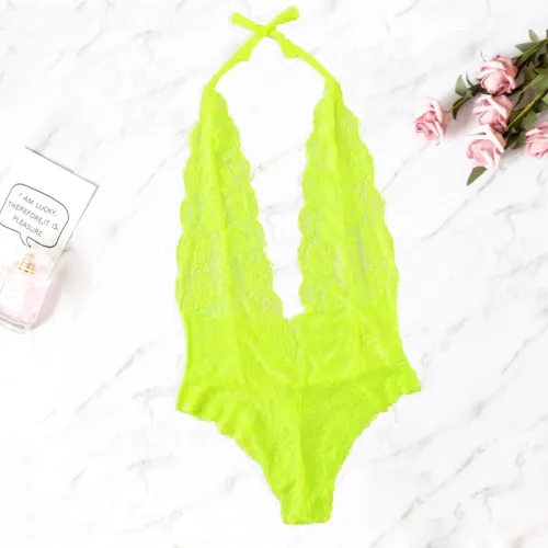 Yellow Sheer Lace Teddies Lingerie for Women Sexy Bodysuit PQBS004F