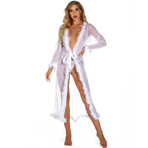 White Plus Size Plush Long NIght Dresses For Women Sleepwear PQYM7837B