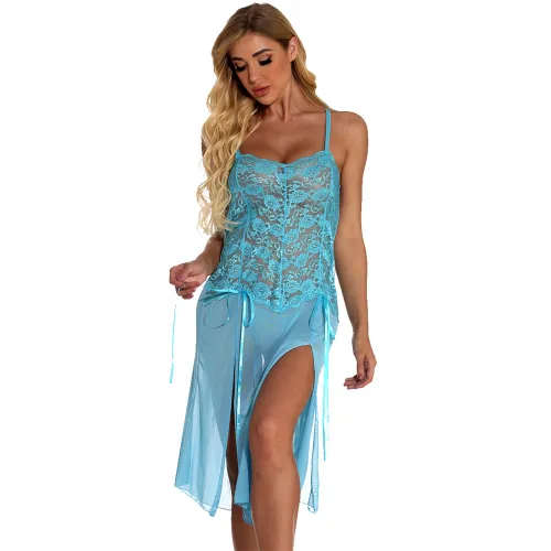 Light Blue Lace Sleepwear For Women Plus Size High Split Babydoll Lingerie PQ7888H