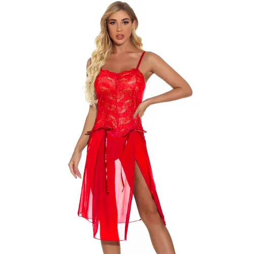 Red Plus Size Lace Sleepwear For Women High Split Babydoll Lingerie PQ7888B