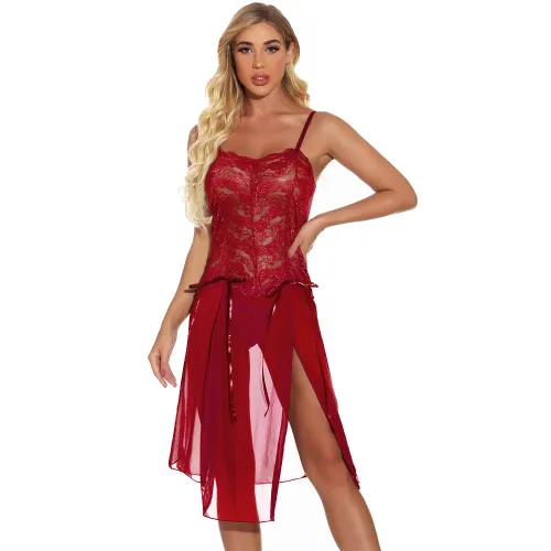 Plus Size Lace Sleepwear For Women High Split Babydoll Lingerie PQYM7888A
