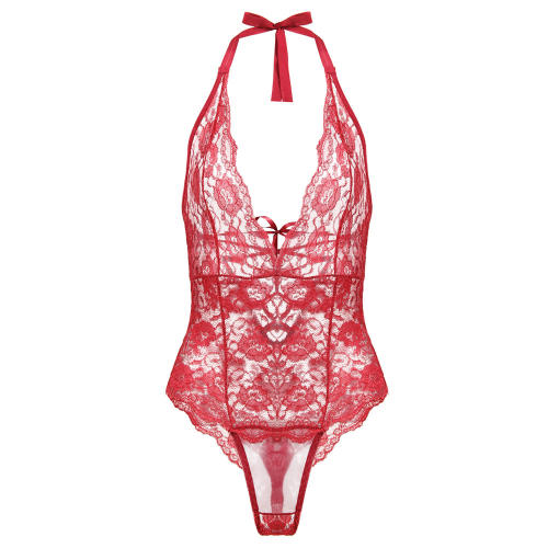 Deep V-neck Lace Teddies Lingerie Sexy Halter Lace Bodysuit PQ7822A