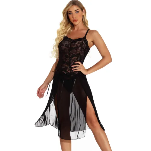 Black Plus Size Lace Sleepwear For Women High Split Babydoll Lingerie PQ7888D