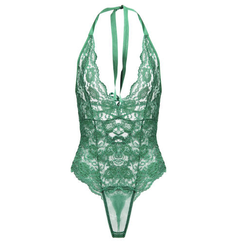 Sexy Halter Lace Bodysuit Deep V-neck Lace Teddies Lingerie PQ7822B