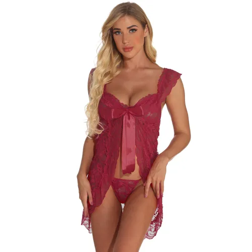 Wine Red Plus Size Lace Babydoll Lingerie For Women Sleepwear PQ8060D