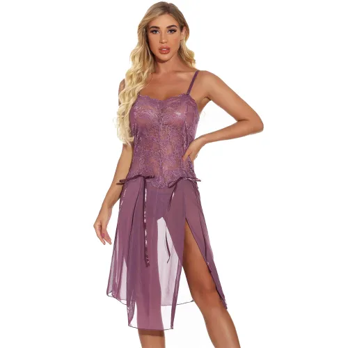 Light Purple Plus Size High Split Babydoll Lingerie Lace Sleepwear For Women PQ7888F