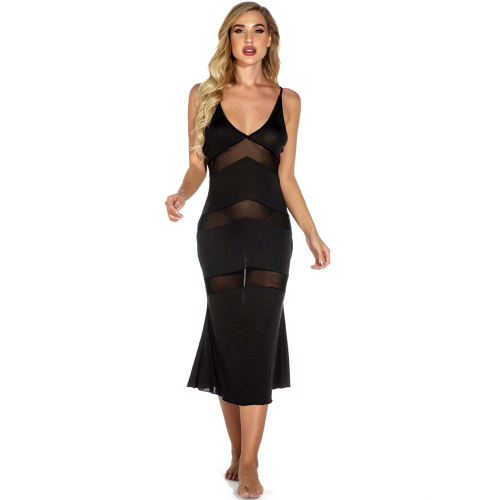 Mesh Patchwork Nightgown Sexy Lingerie Side Slipt Night Dress For Women PQYM7832