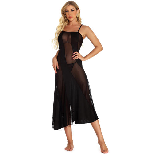 Sexy Mesh Patchwork Nightgown Lingerie Black Lace Night Dress For Women PQYM7802